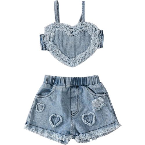 Toddler Baby Girl Summer Clothes Denim Shorts 2PC Set Sleeveless Strap Cami Crop Top Elastic Pants Outfits … - Heart-blue-2 - 3-6 Months