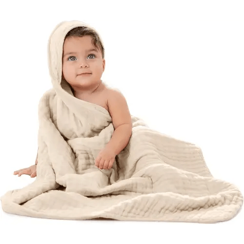 Comfy Cubs Baby Hooded 9 Layer Muslin Cotton Towel for Kids, Large 32” x 32”, Ultra Soft, Warm, and Absorbent. Baby Essentials Bath Towels, Cute Unisex Cover for Girls and Boys (Pack of 1, Sand)