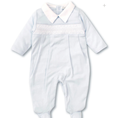 Hand Smocked CLB Charmed Blue Footie with Collar