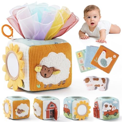 let's make Baby Tissue Box Toy, Farm Montessori Sensory Toys 6-12 Months, Play Silks & Crinkle Tissues with 3D Corduroy, Mirror, Squeaky Cow & Travel Clip - Fine Motor Skills Baby Girl Boy Gifts