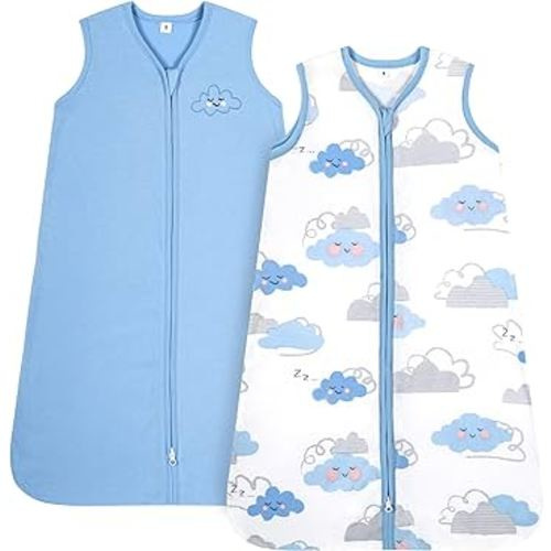 TILLYOU Sleep Sack 2 Pack - Baby Wearable Blanket with 2-Way Zipper, Extra Soft Cotton Sleeveless Sleeping Bag for Infants, 6-12 Months, Small Cloud & Blue