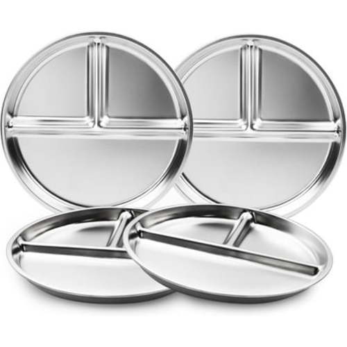 Stainless Steel Kids Plates Set of 4, 9" Portion Control Plates Divided Plates for Adults Toddlers Balance Lunch, Bariatric & Diabetic Diet, Non Toxic Camping Metal Snack Plates for Eating