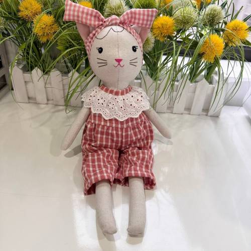 Handmade Cat Doll With Romper - Linen Toy 15,8 inches 40cm, Handmade Natural Linen Fabric Stuffed Animal Toy Kid