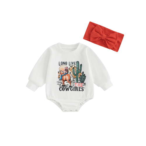 Liacowi Western Baby Girls Clothes Infant Horse Print Long Sleeve Crew Neck One Piece Romper Bodysuits + Headband 6 12 18 24 Months Newborn Cowboy Country Clothing