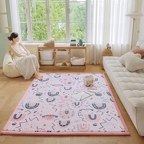 Rainbow Kids Play Mat - 1" Thick Baby Nursery Rug, Soft Crawling Mat for Toddlers, Coral Velvet Memory Foam Tummy Time Mat, Pink, 59"x78"