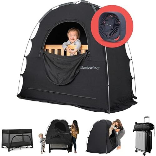 SlumberPod with Fan The Original Blackout Sleep Tent Travel Essential for Baby and Toddlers, Mini Crib and Pack n Play Cover, Sleep Pod with Monitor Pouch and Fan Pouch, Blocks 95%+ Light, Black