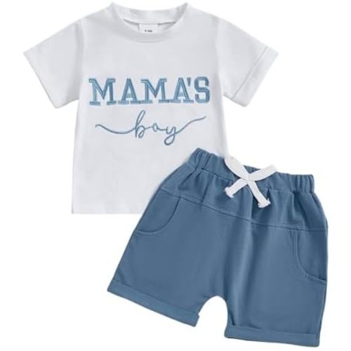 Toddler Baby Boy Summer Clothes Mamas Boy Embroidery T-shirt Top Elastic Waist Short Set Newborn Infant Boy Outfits