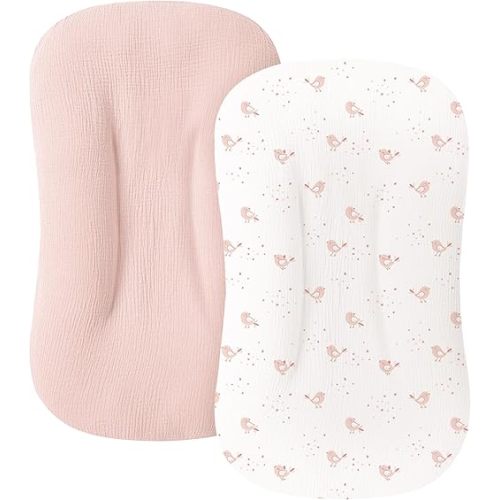 Muslin Baby Lounger Cover for Newborn & Infant, 100% Cotton Soft and Breathable Lounger Slipcover for Baby Girls and Boys, Pack of 2 (Pink Blossom)