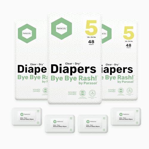 Parasol Clear+Dry Disposable Diapers and Clear+Pure Wipes, RashShield Protection, Size 5 (26-36 lbs), Diaper Bundle of 144 Diapers & 240 Wipes