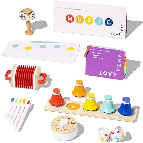 LOVEVERY | The Music Set | 6 Montessori Musical Instruments & Rhythm Book | Educational Toys for Toddlers & Preschoolers | Simple Songs and Play Guide | Ages 18 Months to 4+ Years