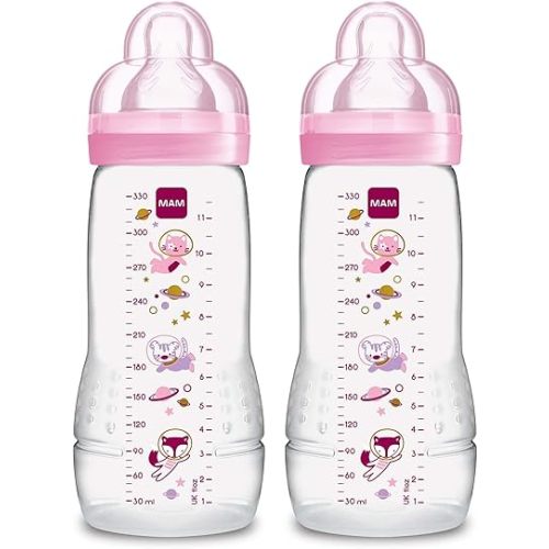 MAM Easy Active Baby Bottle 11oz, Easy Switch Between Breast and Bottle, Easy to Clean, 4+ Months, Girl