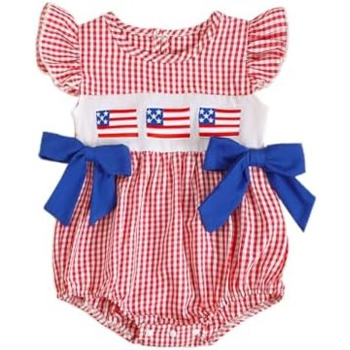 MoZiKQin Baby Girl 4th of July Outfit Newborn American Flag Bubble Romper Bowknot Ruffle Bodysuit Smocked Baby Clothes