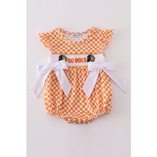 Orange Tennessee GO VOLS Smokey embroidery smocked checkered girl bow bubble