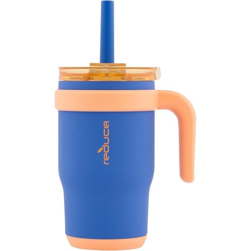 REDUCE 14 Oz Coldee Kids Tumbler with Lid and Straw - Coldee Insulated Travel Mug - Spill-Proof, Sweatproof Stainless Steel, BPA-Free - Includes Handle, Reusable Silicone Straw - Touchdown Blue