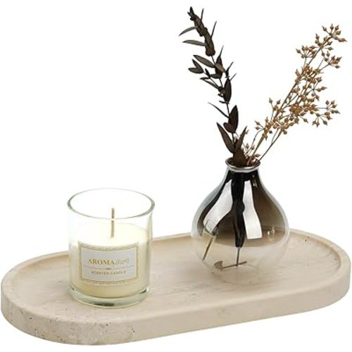 Koville Turkish Natural Travertine Tray, 12"x6" Vanity Decorative Marble Tray for Countertop Organizer, Catchall Tray for Perfume, Candles, Jewelry Dish Tray