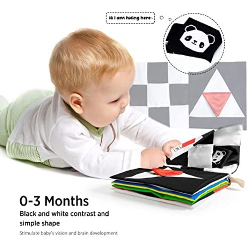 beiens Baby Books Toys, High Contrast Black and White Books Non Toxic Fabric Touch and Feel Crinkle Cloth Books Early Educational Stimulation Toys for Infants Toddlers, Baby Gift Soft Toys Mirror - Red