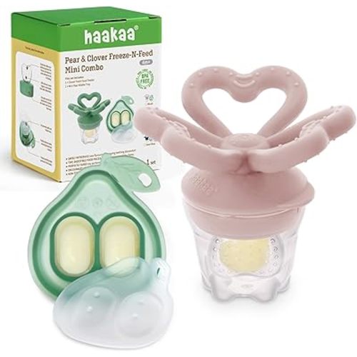 Haakaa Clover Baby Fruit Feeder Teether & Mini Freezer Nibble Tray – BPA-Free Silicone Breastmilk Popsicle Mold for Baby Teething Relief & Self-Feeding, 4M+（Blush）