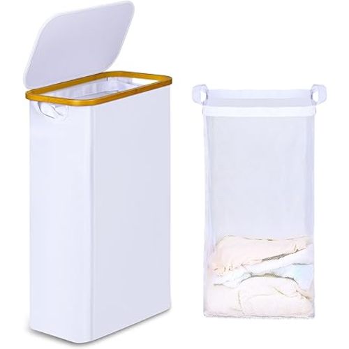 Slim Laundry Hamper, Narrow Laundry Basket with Lid,Foldable Clothes Hamper with Bamboo Handles,Hamper Basket with Removable Inner Bag for Laundry Room Bedroom College Dorm,60L White