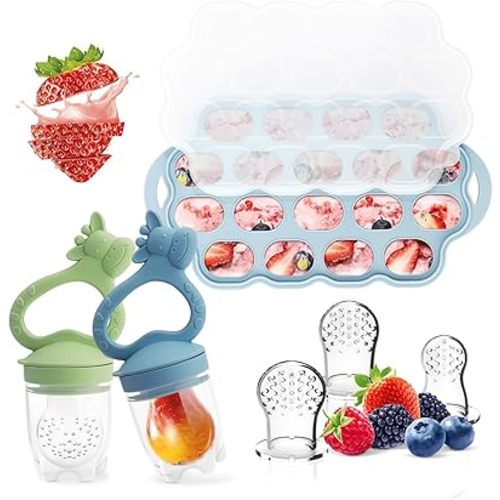 Baby Fruit Food Feeder Breastmilk Popsicle Molds for Teething Relief, Introduce New Foods, Silicone Freezer Tray with Lid, Includes 6 Food Pacifiers (Blue & Cyan)