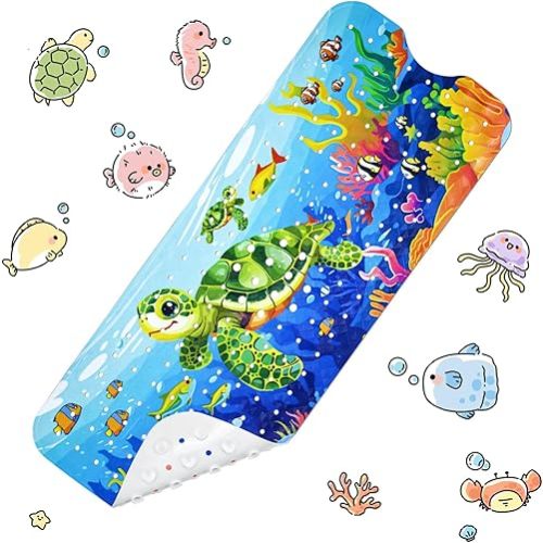 Vanleonet Baby Bath Mat for Tub, 40''x16'' Bathtub Mat Non Slip Safety Shower Mat, Bathtub Mats Non Slip Kids with Suction Cups & Drain Holes, Machine Washable, Sea Turtle