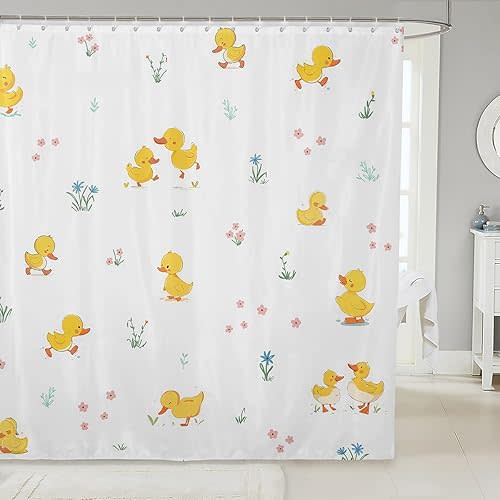 Cute Duck Shower Curtain Kids Boys Girls Cartoon Flowers Leaves Waterproof Curtain Farmhouse Animals Plants Bathroom Curtain Teens Adult Room Decor Yellow White Bath Curtain,12 Hooks,72"Wx72"L