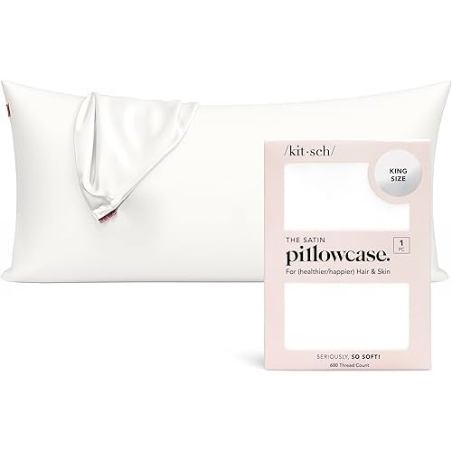 Kitsch Satin Pillowcase, Softer Than Silk Pillow Cases King, Cooling Pillow Covers, Satin Pillowcase with Zipper for Hair, Skin & Quality Sleep, Wrinkle-Free & Smooth, King Size 19"x36", Ivory