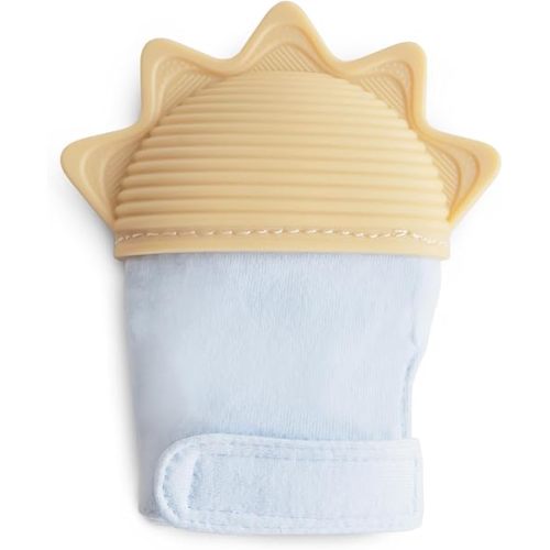 mushie Silicone Teething Mitten for Babies 3 Months+ (Sun) | Textured Silicone & Sensory Fabric with Adjustable Strap