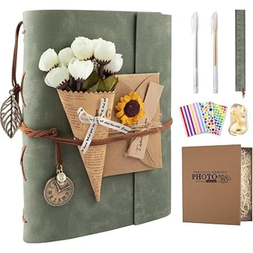 Scrapbook Photo Album 100 Pages, 60 Pages Self Adhesive+40 Pages Kraft Paper DIY Photo Book for 2x3 3x5 4x6 5x7 Pictures, Leather Memory Book for Wedding Baby Family Travel Birthday Christmas