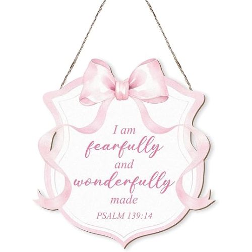 MOTERMATE Pink Bow I am Fearfully and Wonderfully Made Sign Decor, Girly Religious Christian Scripture Wall Hanging Decor Art for Home Prayer Room, Christian Bible Front Porch Door Decor, 12x12 Inch