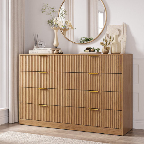 Fluted Dresser For Bedroom With 8 Drawers, 55" Wide Modern Chest Of Drawers With Metal Handle