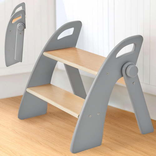 Wooden Step Stool, Two Step Stools, 300 lb. Load Capacity, with Safety Non-Slip Pads and Handles, Bamboo Step Stool for Bathroom and Kitchen, Children's Double Height Step Stools (Grizzly)