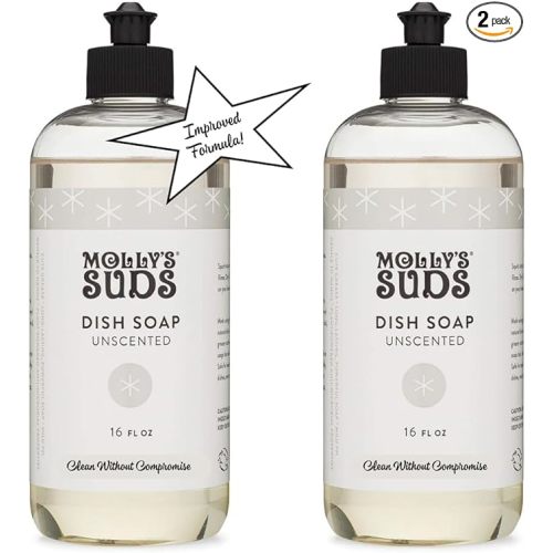 Molly's Suds Natural Liquid Dish Soap | Long-Lasting, Powerful Plant-Powered Ingedients | Unscented, Fragrance Free | 16 oz - 2 Pack