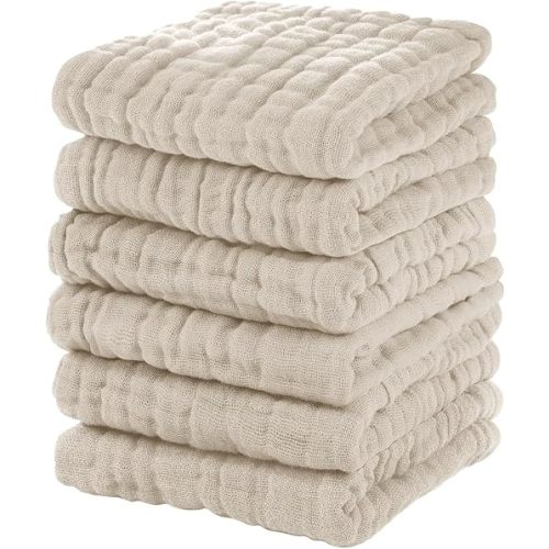 Muslin Baby Washcloths 6 Pack, 100% Cotton Wash Cloths for Babies, Large 12''X12'' Burp Cloths Absorbent and Soft for Newborn Infants Kids Boys Girls - Apricot
