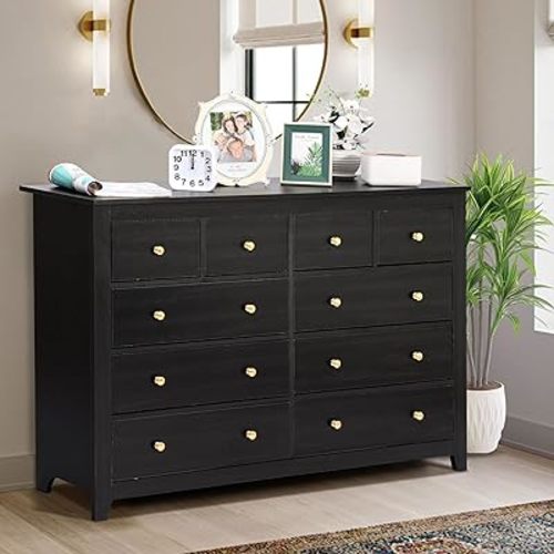 TITIMO 10 Drawer Black Dresser for Bedroom,Wood Chest of Drawers with Smooth Metal Rail,Large Dressers,Modern Bedroom Dressers with 10 Drawers Cabinet TV Stand (Black)