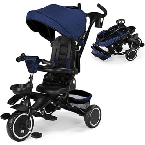 Kinder King Kids Tricycle, 8 in 1 Folding Toddler Trike w/Adjustable Push Handle, Rotatable Seat, Adjustable Canopy, Bell, Five-Point Harness, Storage, Toddler Stroller Bike for Age 6 Months+, Blue