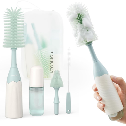 Momcozy Bottle Brush Kit, Innovative Push-Press Design for Better Cleaning - Baby Bottle Cleaner Brush for Baby Bottle, Breast Pumps, Nipples, and More - Can Generate Foam for Better Cleaning, Green