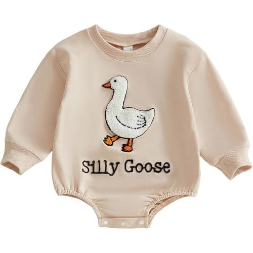 Baby Boy Girl Outfit Silly Goose Embroidery Long Sleeve Sweatshirt Bubble Romper Infant Bodysuit Newborn Spring Clothes