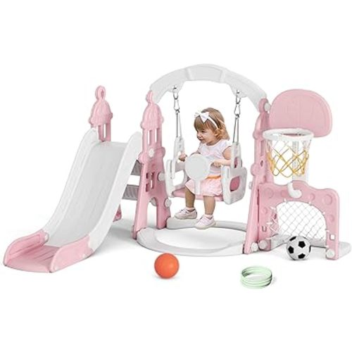 XJD 6-in-1 Toddler Slide and Swing Set, Kids Slide for Toddlers Age 1+, Toddler Outdoor Playset with Basketball Hoop, Football Frame, Swing, Outdoor Indoor Playground for Toddlers 1-3 (Pink)