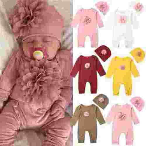 2PCS Newborn Baby Girl Clothes 3D Floral Long Sleeve Romper Jumpsuit Outfits