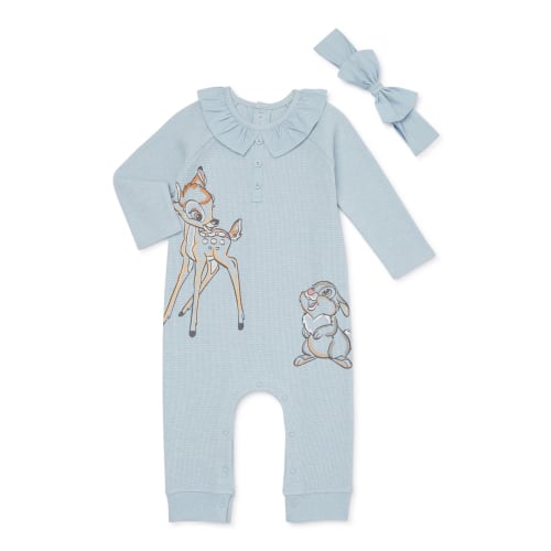 Disney Bambi Baby Girls Long Sleeve Romper and Headband, 2-Piece Set, Sizes 0/3 Months-24 Months