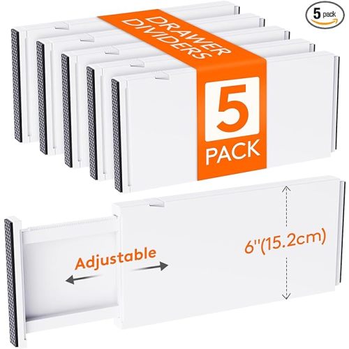 Lifewit 5 Pack Drawer Dividers Plastic 6" High, 13.5-22" Adjustable Drawer Organizers for Clothes, Expandable Dresser Separators in Bedroom/Bathroom/Kitchen/Fridge/Office Organization and Storage