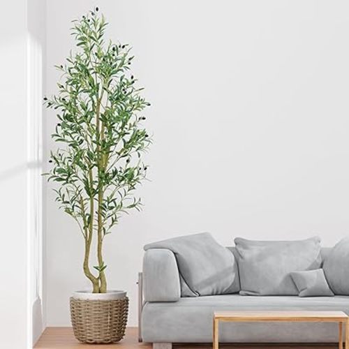 Olive Tree 6ft, Artificial Olive Tree with White Pot, Fake Tree with 1296 Dense Leaves & 72 High-Simulated Olive Fruits - Easy Assembly, Low Maintenance (Olive Tree 6ft)