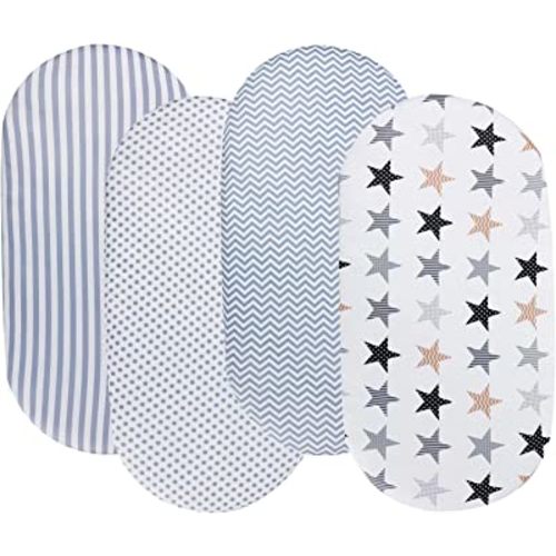 Bassinet Sheets for Baby Boy and Girl, Stretchy Breathable Fitted Sheet Universal for Bassinet Cradle Hourglass Oval Rectangle Pad/Mattress, 4 Pack Stripes Dots Chevrons and Stars