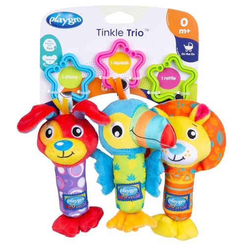 Playgro Tinkle Trio Soft Baby Hanging Toys for Infant - Rattling Cow, Tinkling Dog, Squeaking Bird - STEM Learning with Easy Clip Attachments for Pram, Car Seat, Stroller - Stroller Toy for 0+ Months
