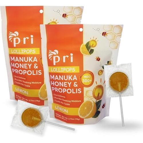 P.R.I Manuka Honey Lollipops with Propolis, Certified MGO 300+ - Throat Soothing, Lemon Flavor, (24 Lollipops, 5.46oz)