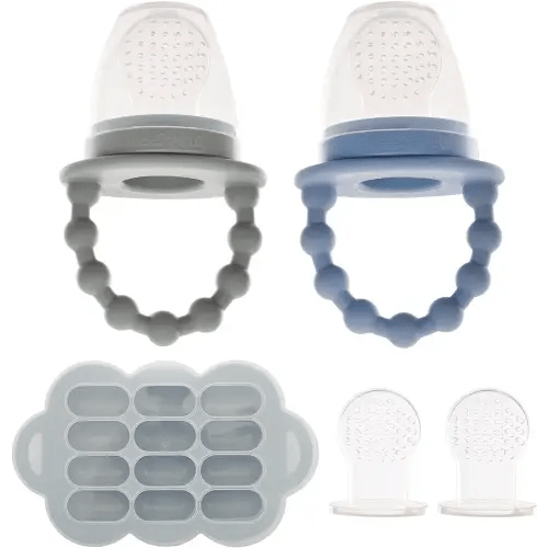 WeeSprout Silicone Baby Food Feeders + Freezer Tray for Batch Prep, Set of 2, Introduce New Foods Safely, Double as Teething Toys, Includes 2 Extra Pouches & Travel Lids, Dishwasher Safe