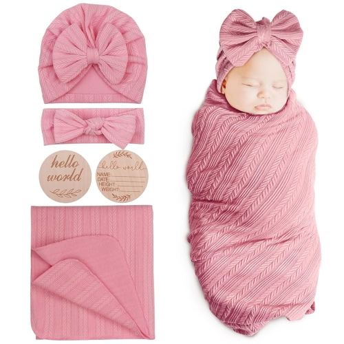 BQUBO Baby Swaddle Blankets for Girls, 4PCS Newborn Accessories Set with Hat and Bow Headband with Hello World Wooden Birth Announcement Card, Baby Blankets for Girls