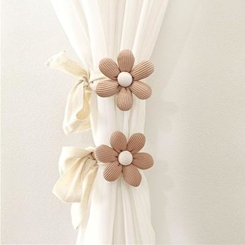 2pcs Curtain Tiebacks, Flower Curtain Ties for Drapes, Tiebacks with Adjustable Strap, Cotton Holdbacks for Indoor Outdoor Drapes Decor (Khaki)
