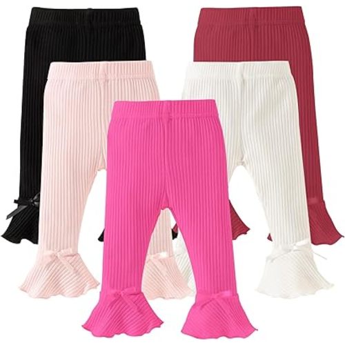 DREAM BUS 5 Pack Baby Pants Toddler Girl Ribbed Ruffle Bell Bottoms Toddler Leggings Baby Boy Pants Newborn Girl Flare Pants