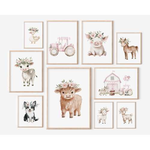 Set of 10 Farm Nursery Prints, Farm Animals, Pink Tractor Barn, Highland Cow Pig, Farmhouse Art Poster, Farm Wall Decor, Instant Download